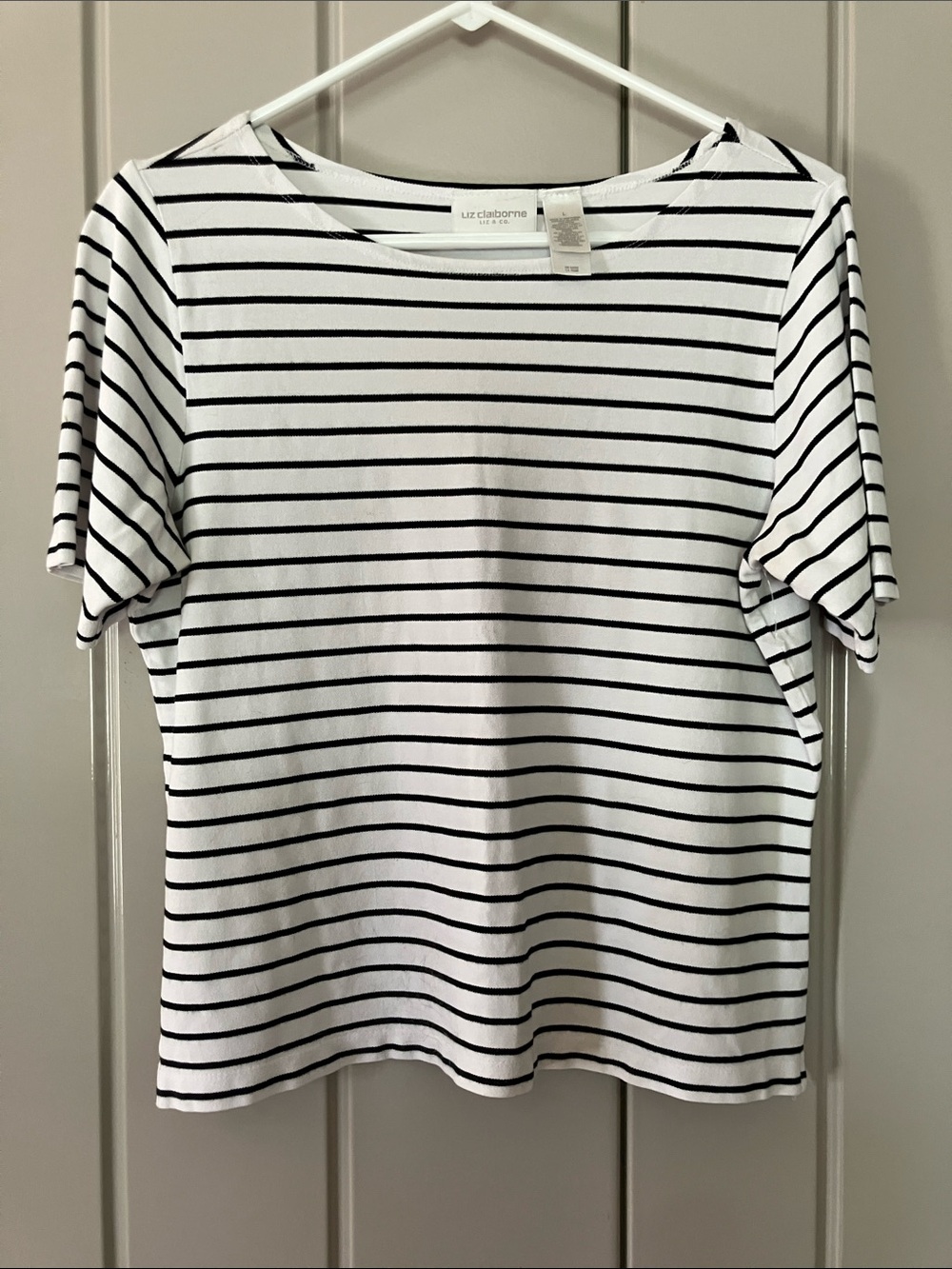 Liz Claiborne White Tee with Black Stripes — Short Sleeve